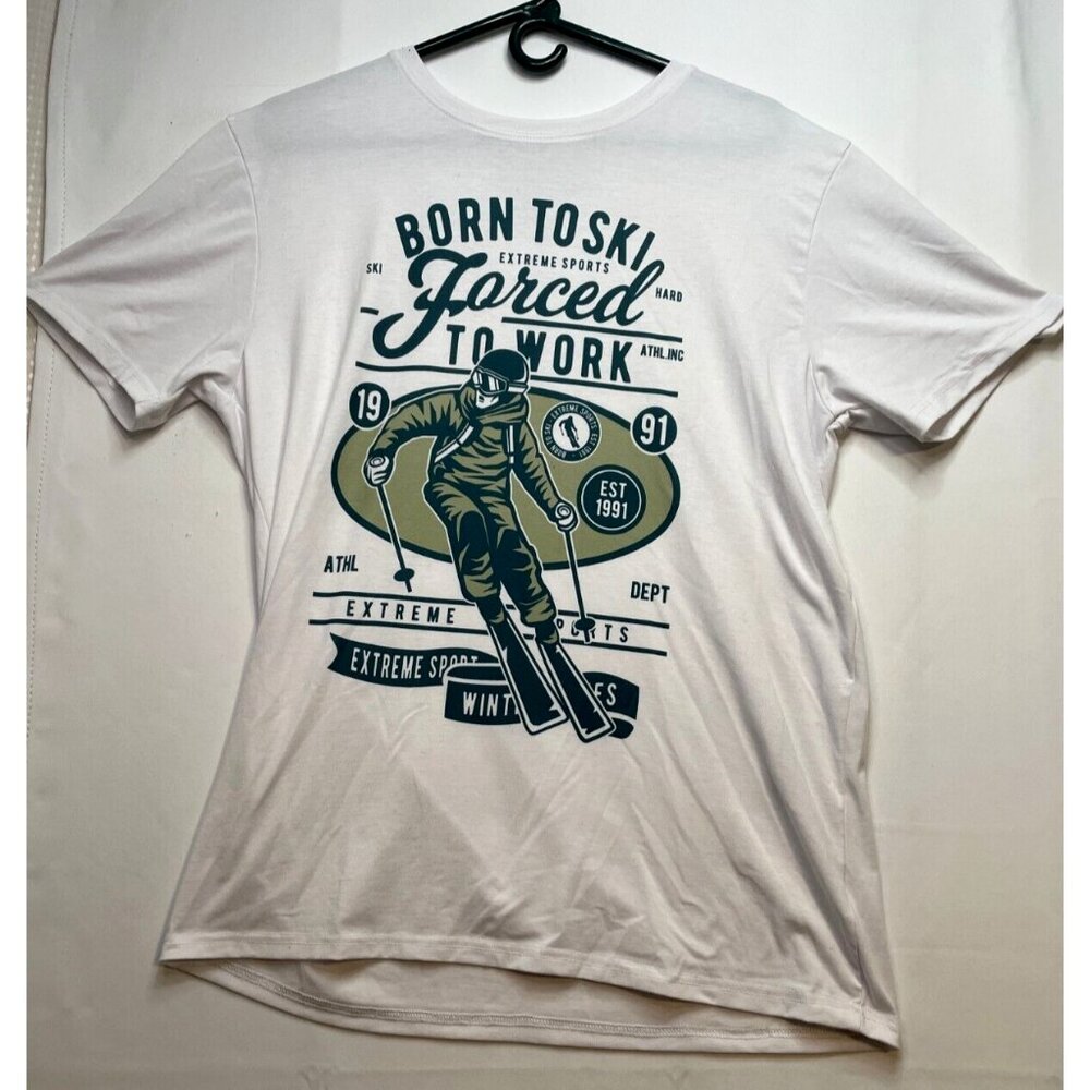 Born to Ski forced to work shirt mens large extreme sports short sleeve white